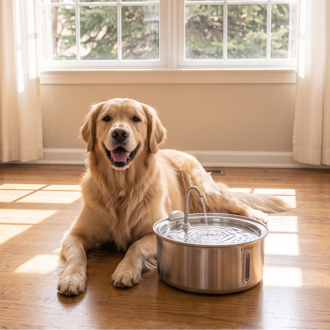 IMG: fountain, senior golden retriever mid-drink, warm morning light