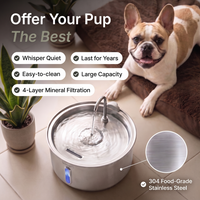A French bulldog lies on a brown cushion beside a stainless steel pet water fountain with running water. Large marketing text reads 'Offer Your Pup The Best' with feature callouts including whisper quiet, last for years, easy-to-clean, large capacity, and 4-layer mineral filtration.
