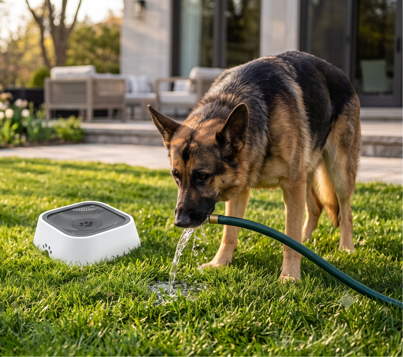 IMG: older dog drinking from a garden hose, full bowl behind